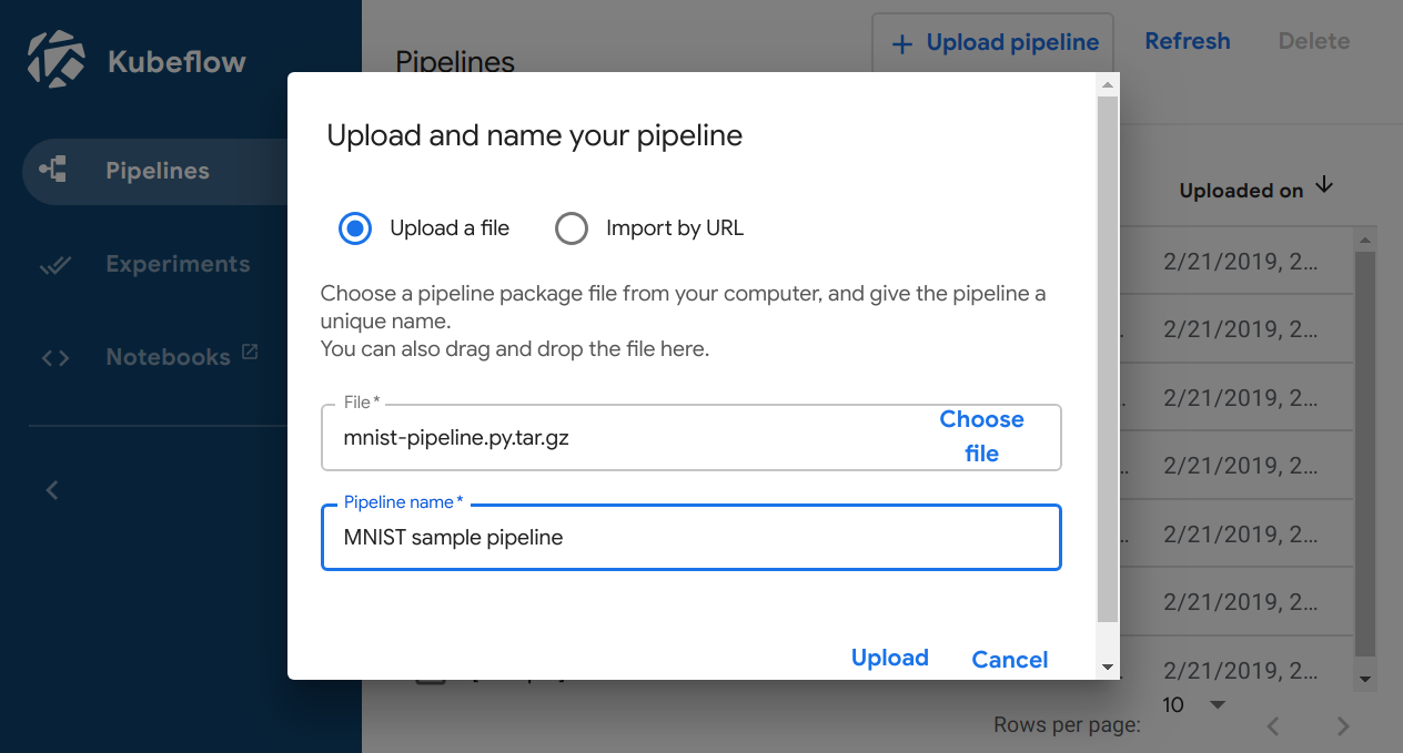 Enter the pipeline upload details